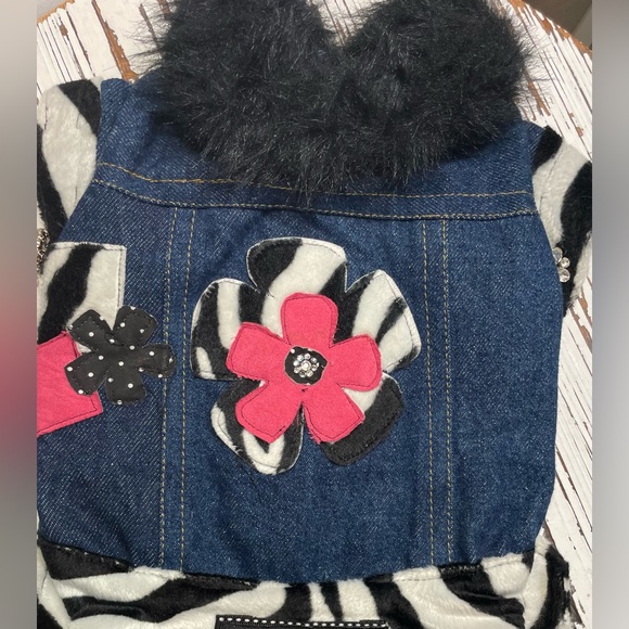 Stylish Pet Denim Jacket with Black and Pink Accents with Fur Collar  Medium